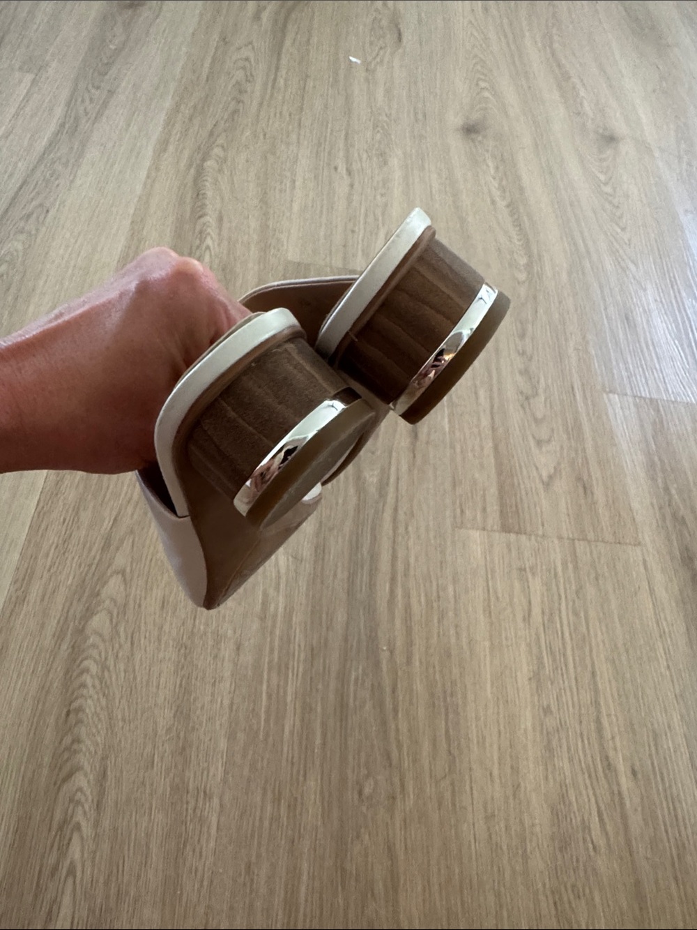 Franco Sarto Bone colored Leather Mules with gold accent on a wooden heal. - Picture 2 of 4